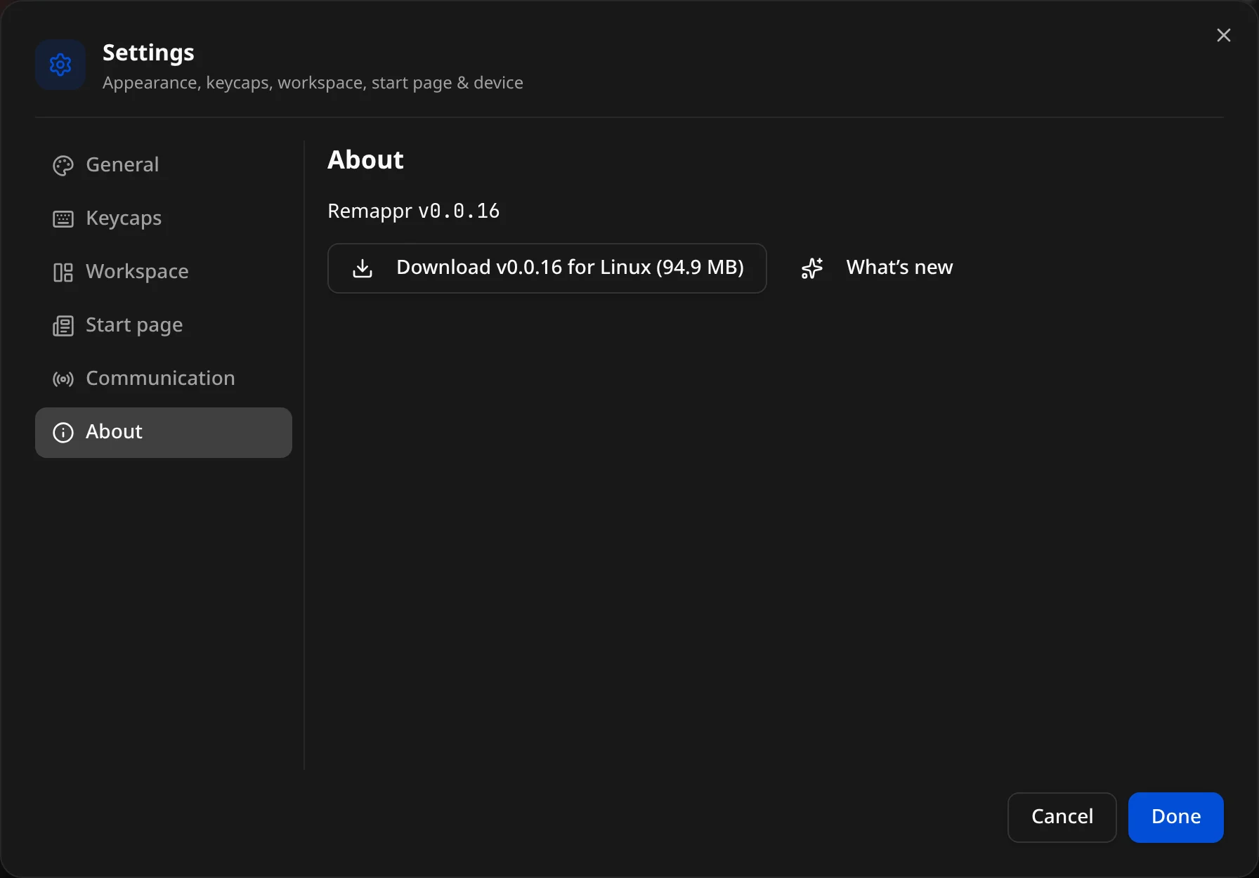 Settings → About: version, download and What's new