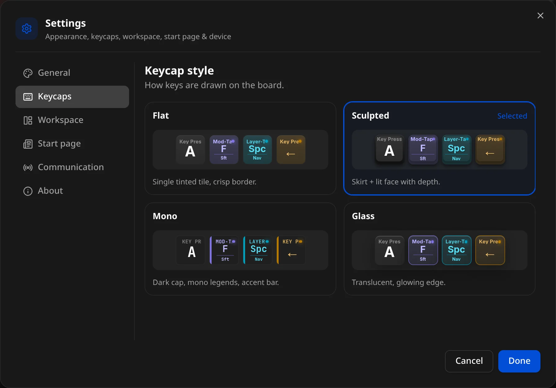 Settings → Keycaps: Flat, Sculpted, Mono and Glass previews