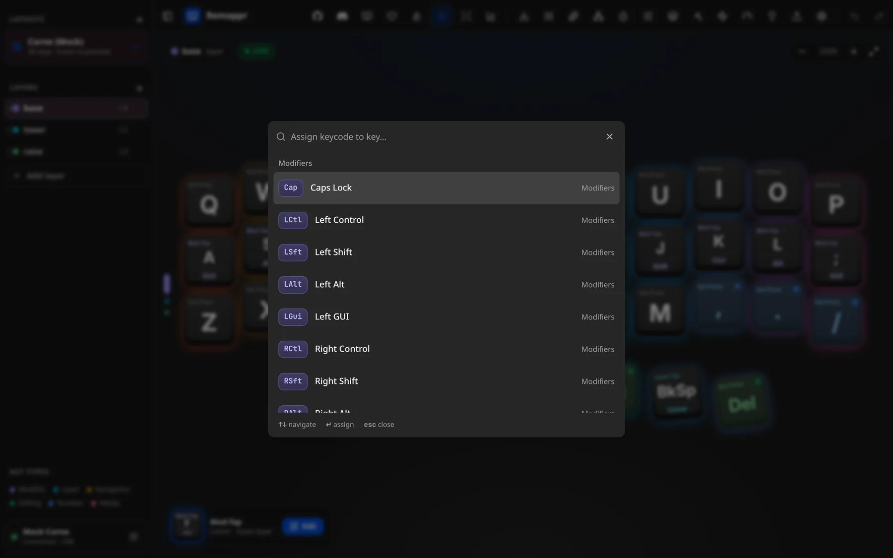 The Command workspace: the "Assign keycode to key…" palette over the board