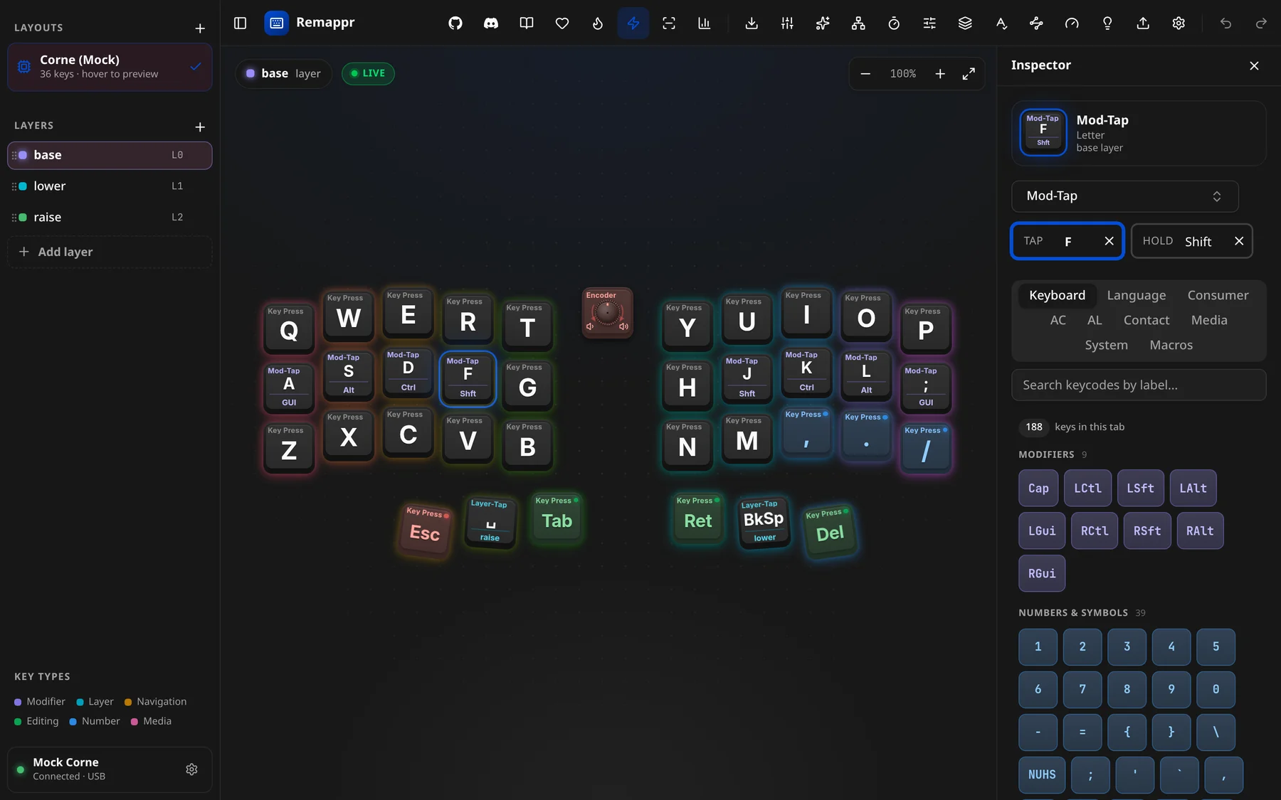 The Inspector workspace: the board on the left, the inspector panel docked on the right